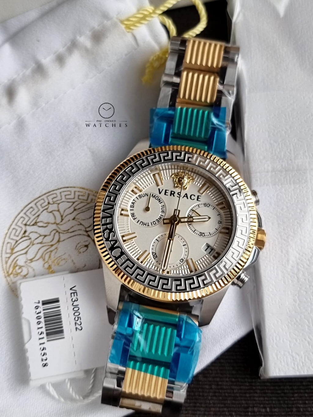 Versace Greca Action VE3J00522 Men's Watch – Silver Dial Chronograph, Two-Tone Stainless Steel, Quartz
