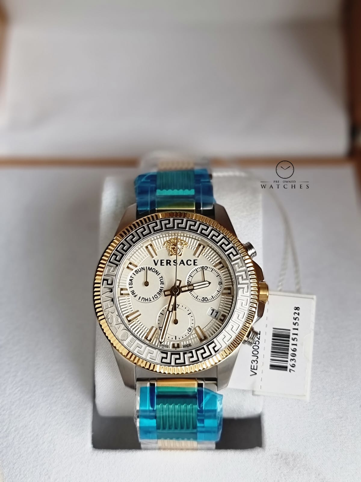 Versace Greca Action VE3J00522 Men's Watch – Silver Dial Chronograph, Two-Tone Stainless Steel, Quartz