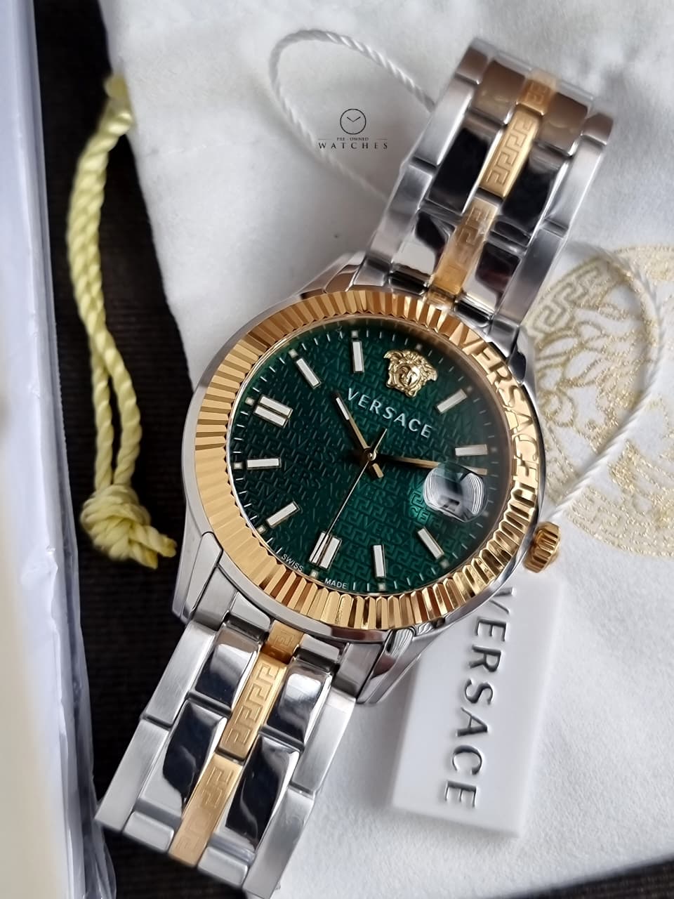 Versace Greca Time VE3K00422 Men's Watch – Green Dial, Two-Tone Stainless Steel, Quartz