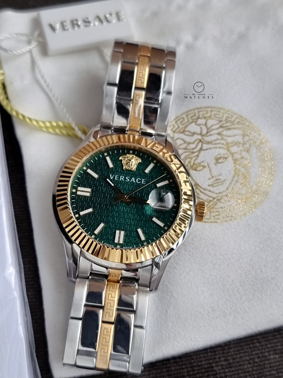 Versace Greca Time VE3K00422 Men's Watch – Green Dial, Two-Tone Stainless Steel, Quartz