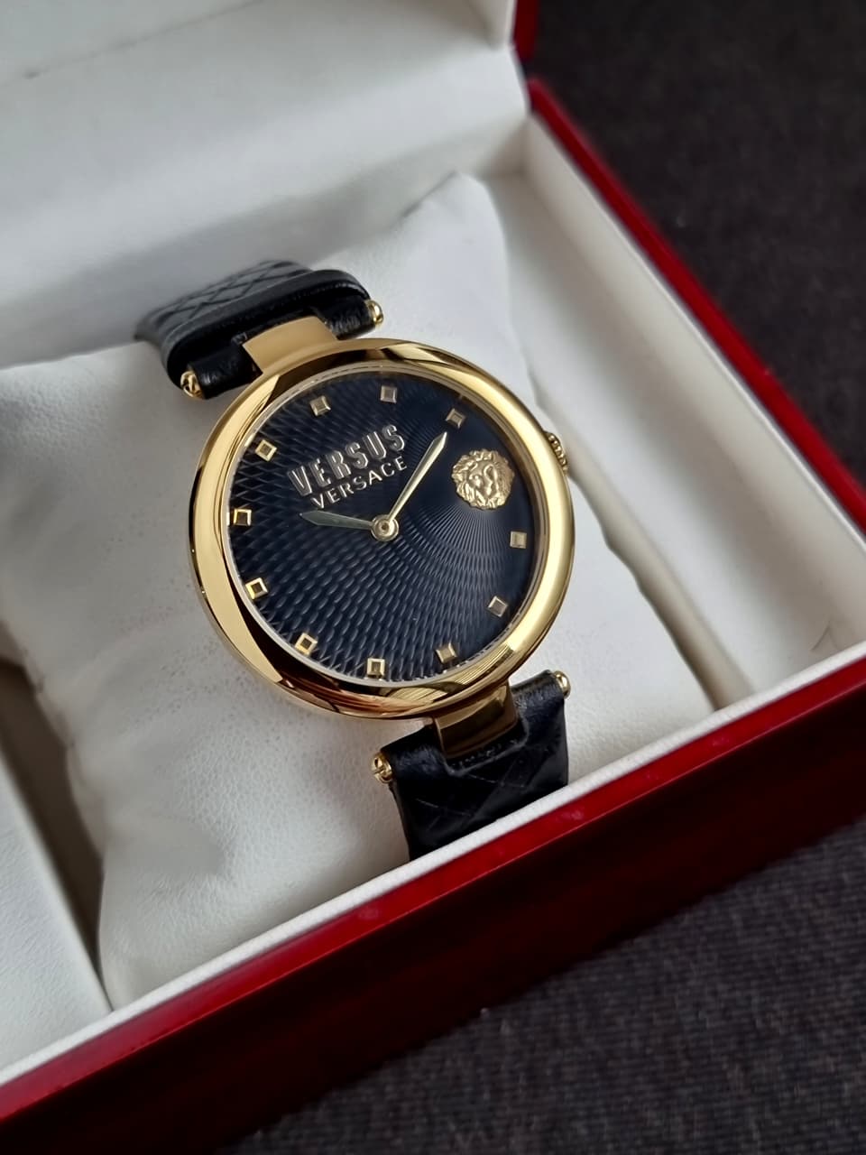 Versus Versace Women's Watch – 36mm, Black Dial, Black Leather Strap, Rose Gold Case