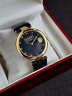 Versus Versace Women's Watch – 36mm, Black Dial, Black Leather Strap, Rose Gold Case