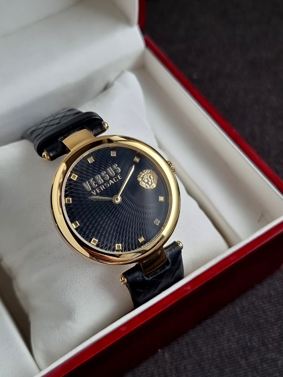 Versus Versace Women's Watch – 36mm, Black Dial, Black Leather Strap, Rose Gold Case