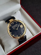 Versus Versace Women's Watch – 36mm, Black Dial, Black Leather Strap, Rose Gold Case