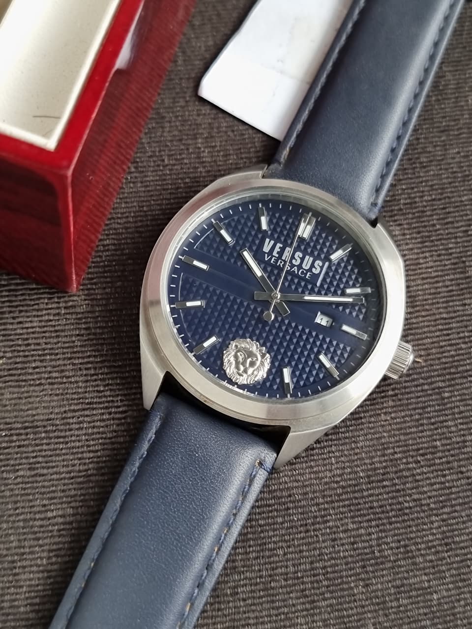 Versus Versace Men's Watch – 42mm, Blue Dial, Blue Leather Strap, Silver Case, Quartz