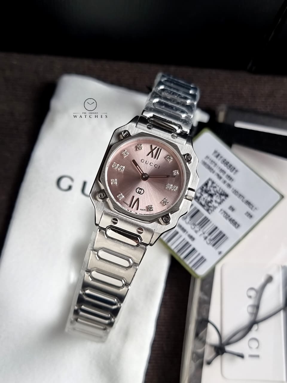 Luxury Gucci G-Flat Women’s Watch 24mm – Pink Dial Stainless Steel Diamond Index – YA166501