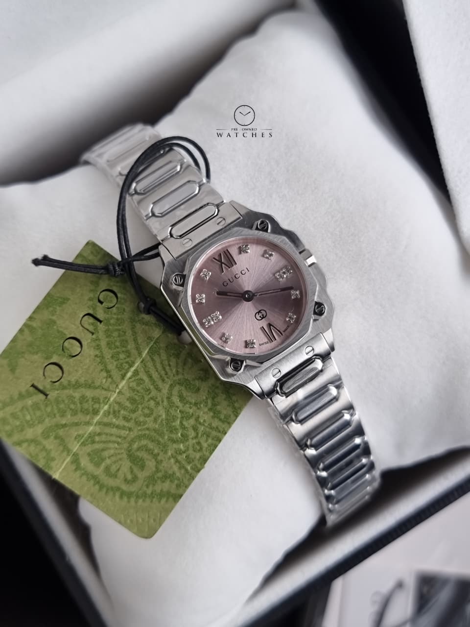 Luxury Gucci G-Flat Women’s Watch 24mm – Pink Dial Stainless Steel Diamond Index – YA166501