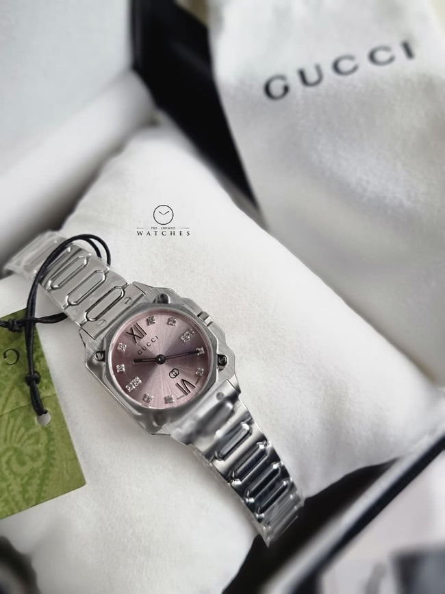 Luxury Gucci G-Flat Women’s Watch 24mm – Pink Dial Stainless Steel Diamond Index – YA166501 Hover Image