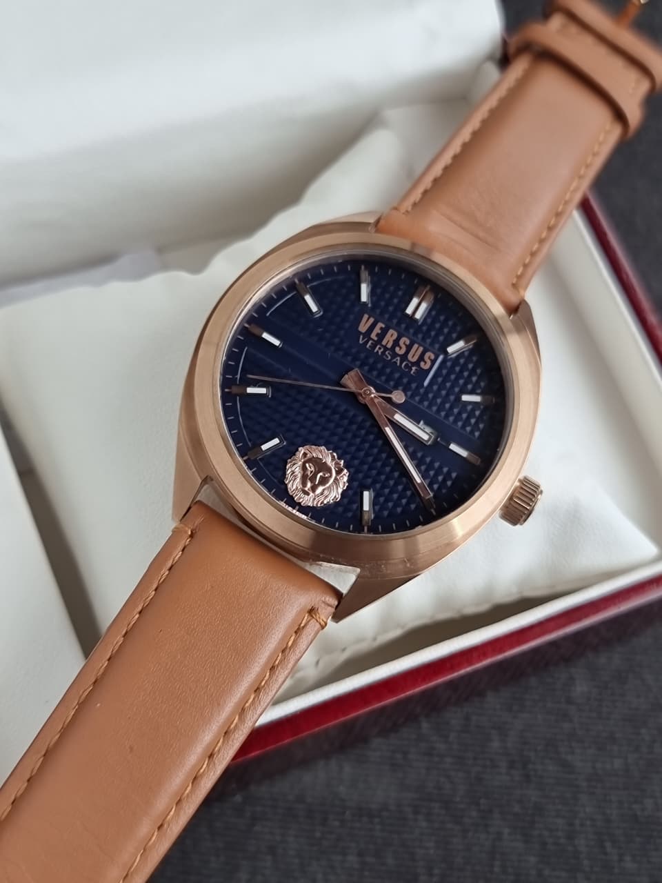 Versus Versace 44mm Rose Gold Case Brown Leather Strap Quartz Men's Watch