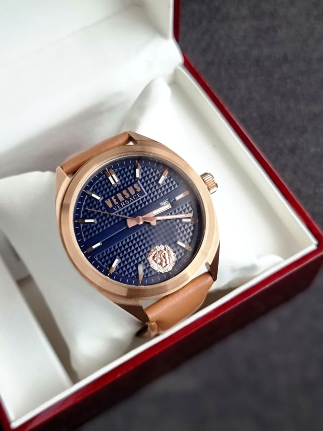 Versus Versace 44mm Rose Gold Case Brown Leather Strap Quartz Men's Watch Hover Image