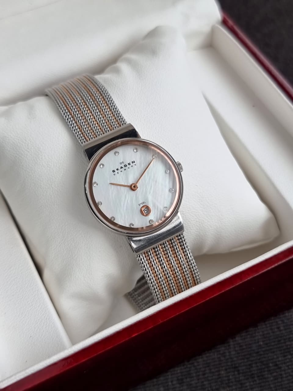 Skagen Titanium Two-tone Mesh Bracelet Mother of pearl Dial Quartz Watch for Ladies - 355SSRS