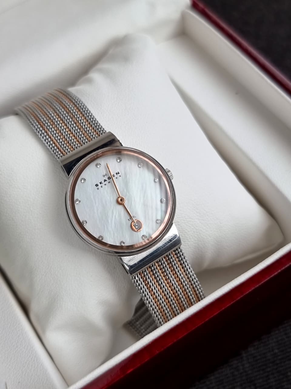 Skagen Titanium Two-tone Mesh Bracelet Mother of pearl Dial Quartz Watch for Ladies - 355SSRS