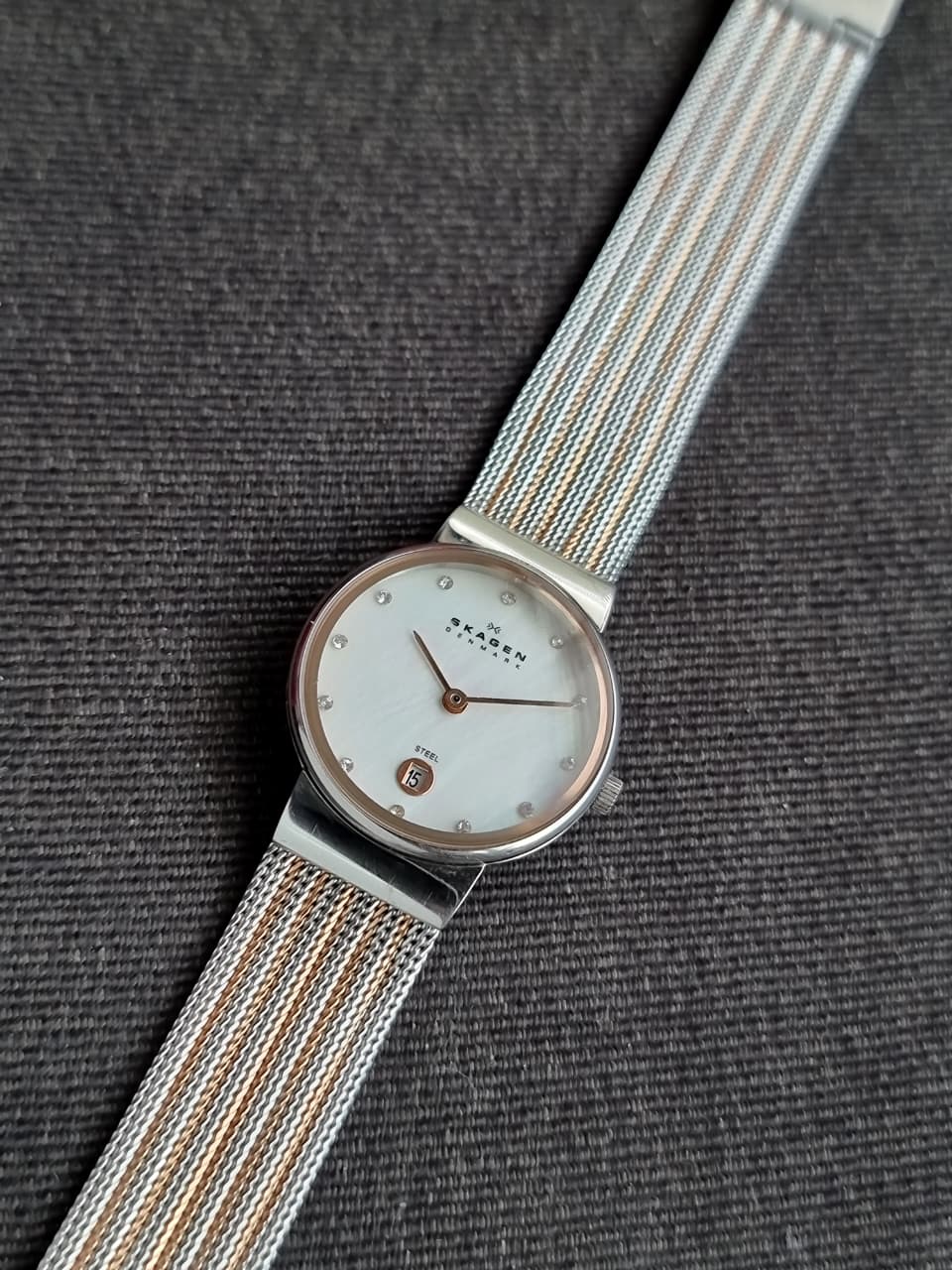 Skagen Titanium Two-tone Mesh Bracelet Mother of pearl Dial Quartz Watch for Ladies - 355SSRS