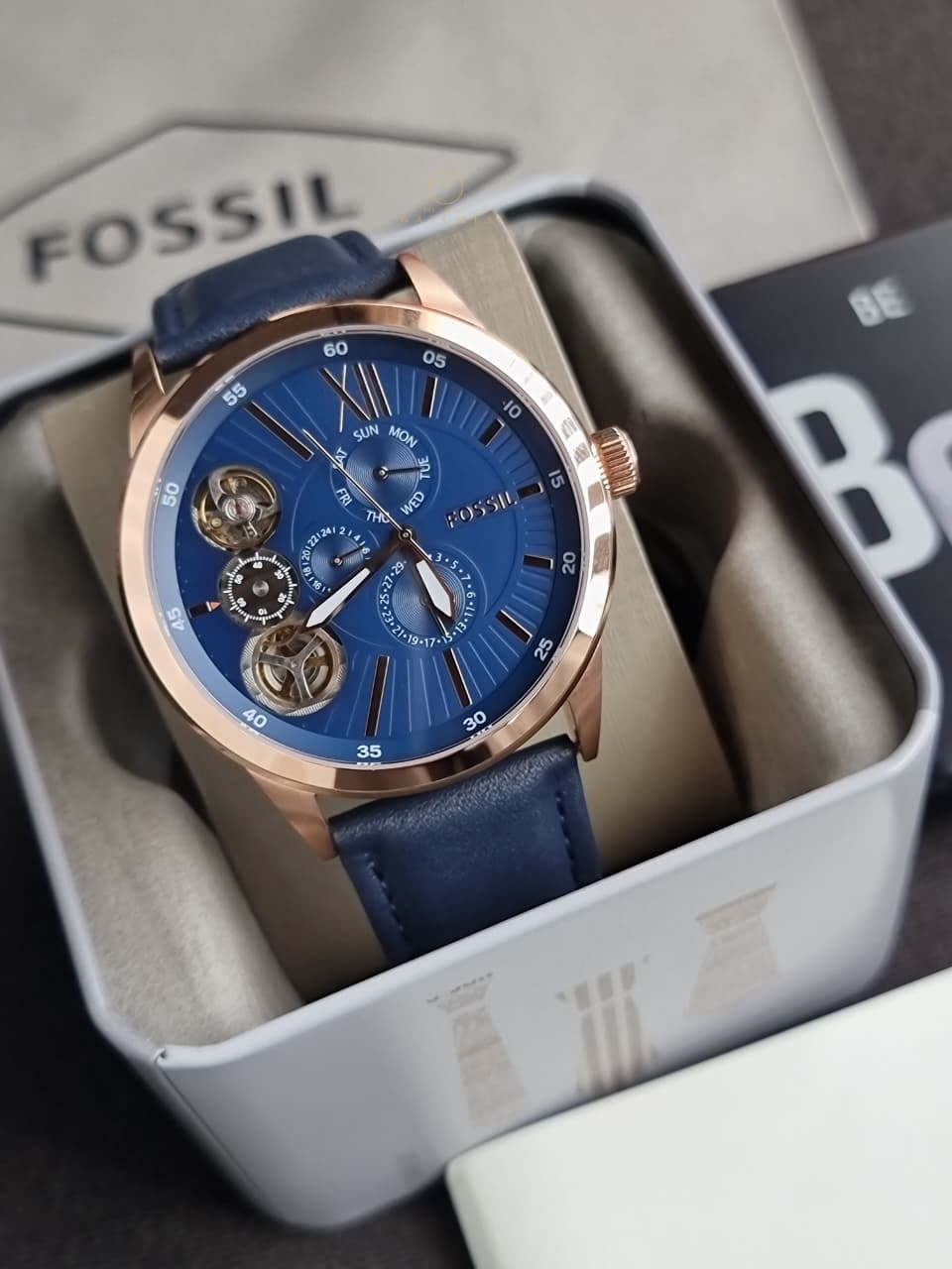 Fossil Flynn Mechanical Navy Leather Men's Watch BQ2219