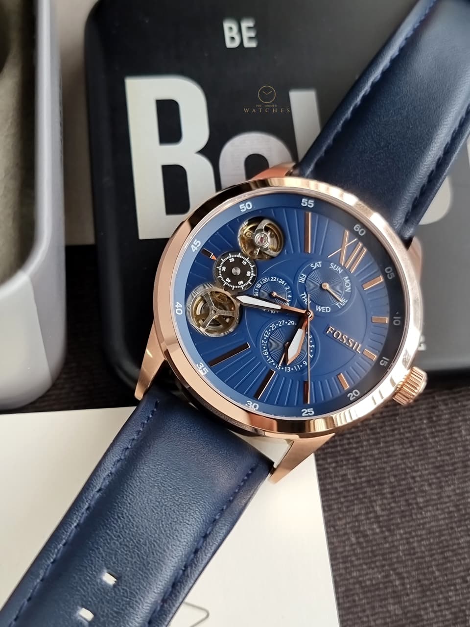 Fossil Flynn Mechanical Navy Leather Men's Watch BQ2219