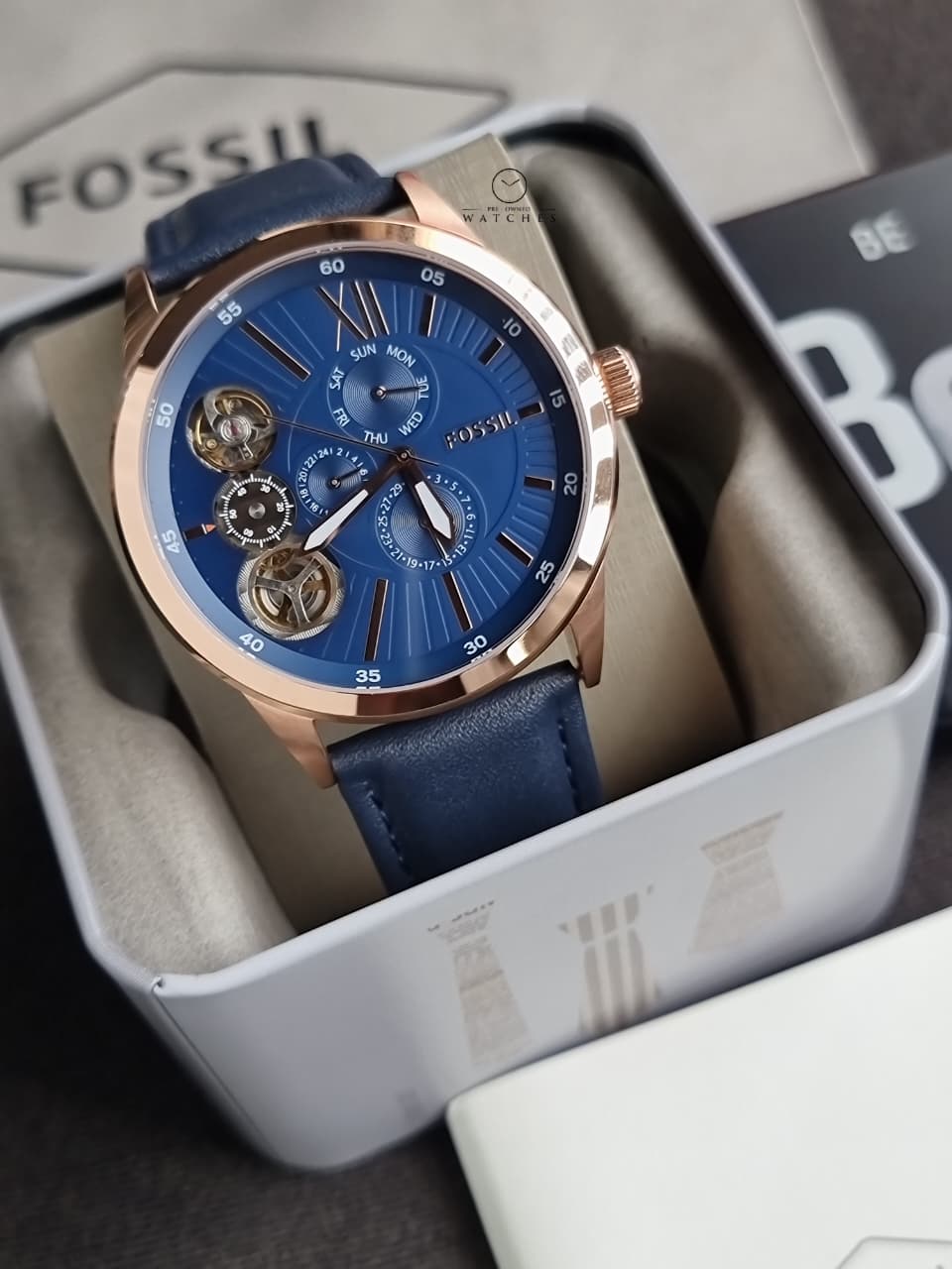 Fossil Flynn Mechanical Navy Leather Men's Watch BQ2219