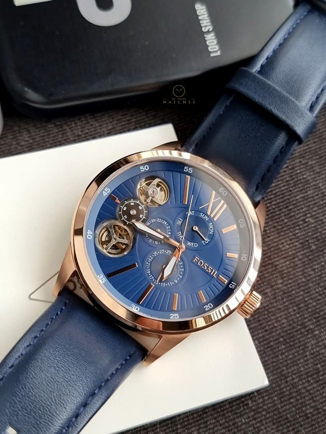 Fossil Flynn Mechanical Navy Leather Men's Watch BQ2219 Hover Image