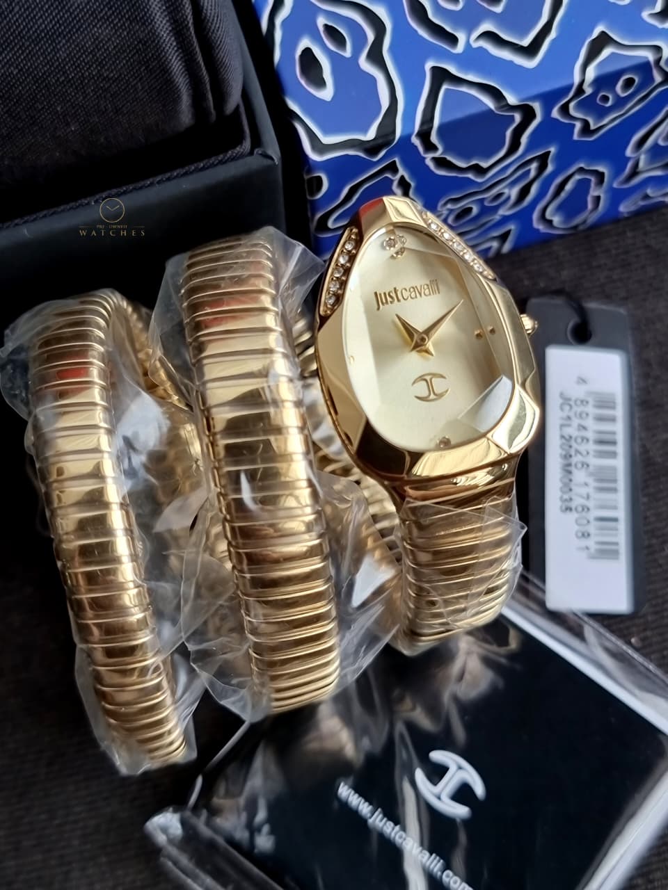 Just Cavalli Signature Snake Gold-Tone Dial Ladies Watch – JC1L209M0035