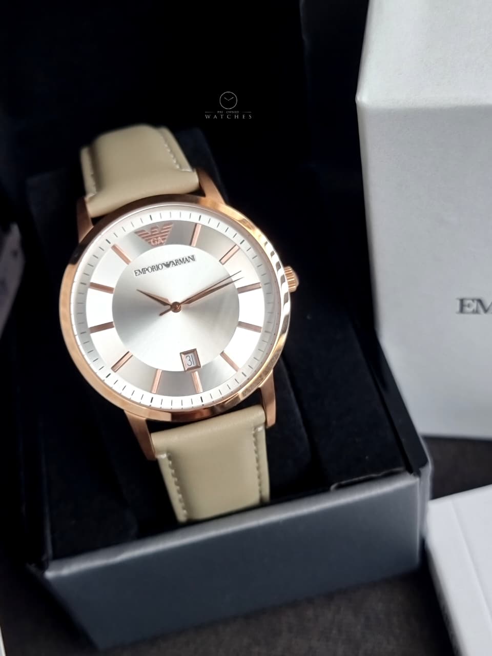 Emporio Armani Classic Silver Dial Beige Leather Strap Men's Watch – AR2464