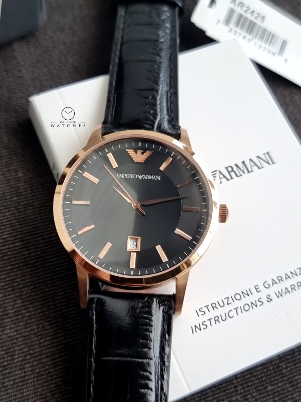 EMPORIO ARMANI Classic Black Leather Strap Black Dial Quartz Watch for Gents - AR2425