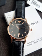 EMPORIO ARMANI Classic Black Leather Strap Black Dial Quartz Watch for Gents - AR2425