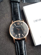 EMPORIO ARMANI Classic Black Leather Strap Black Dial Quartz Watch for Gents - AR2425
