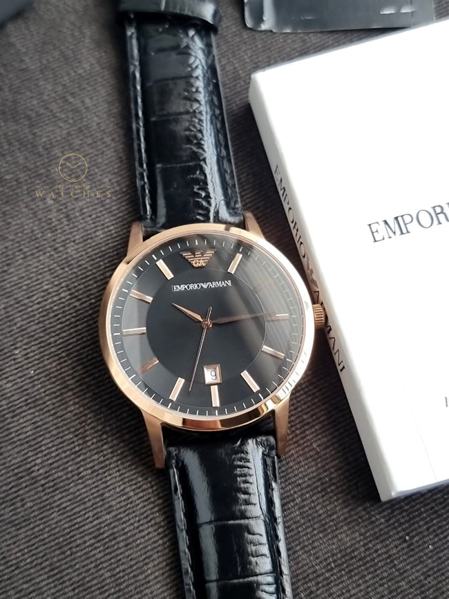 EMPORIO ARMANI Classic Black Leather Strap Black Dial Quartz Watch for Gents - AR2425 Hover Image