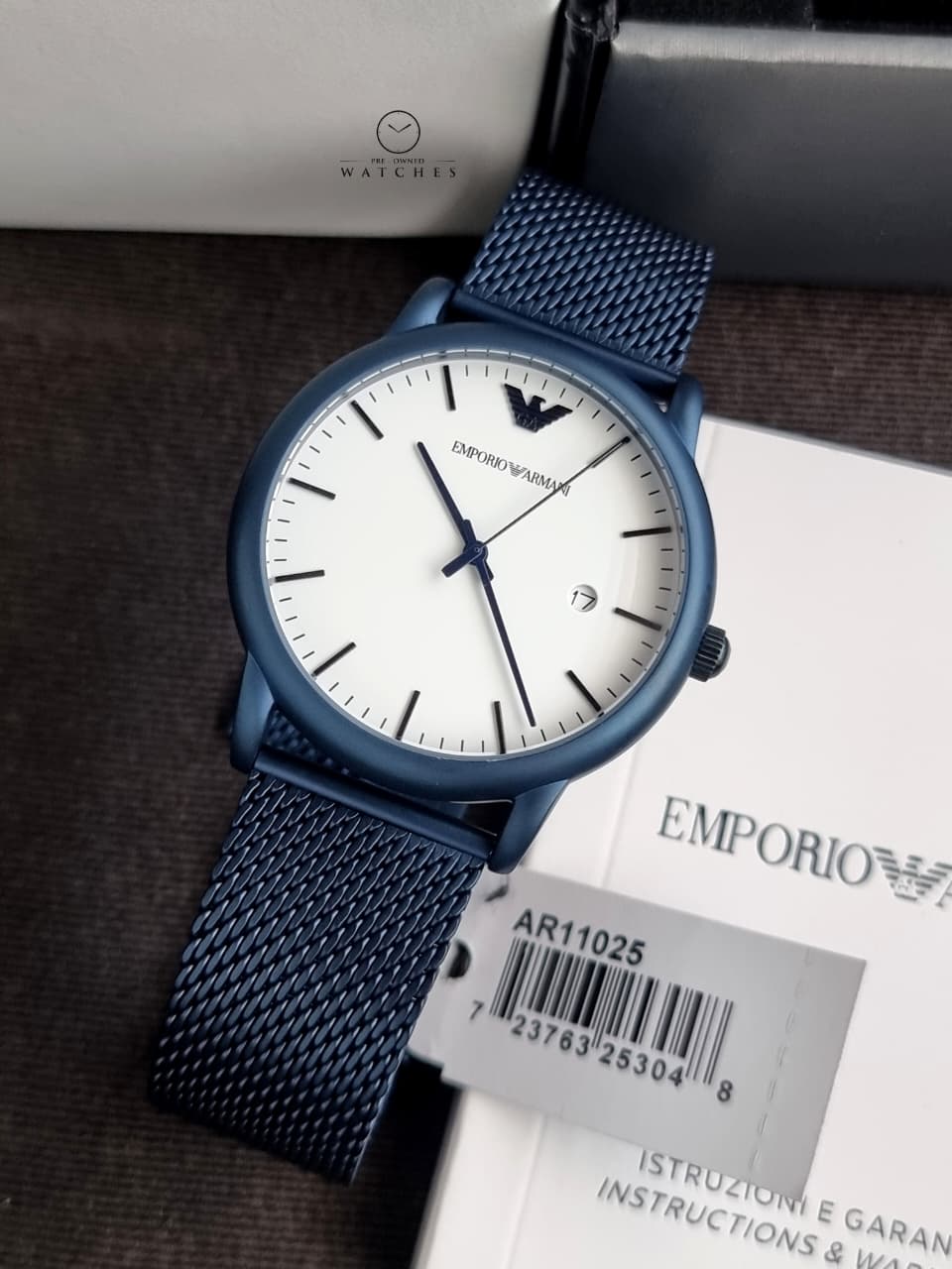 EMPORIO ARMANI Luigi Blue Mesh Bracelet White Dial Quartz Watch for Gents - AR11025