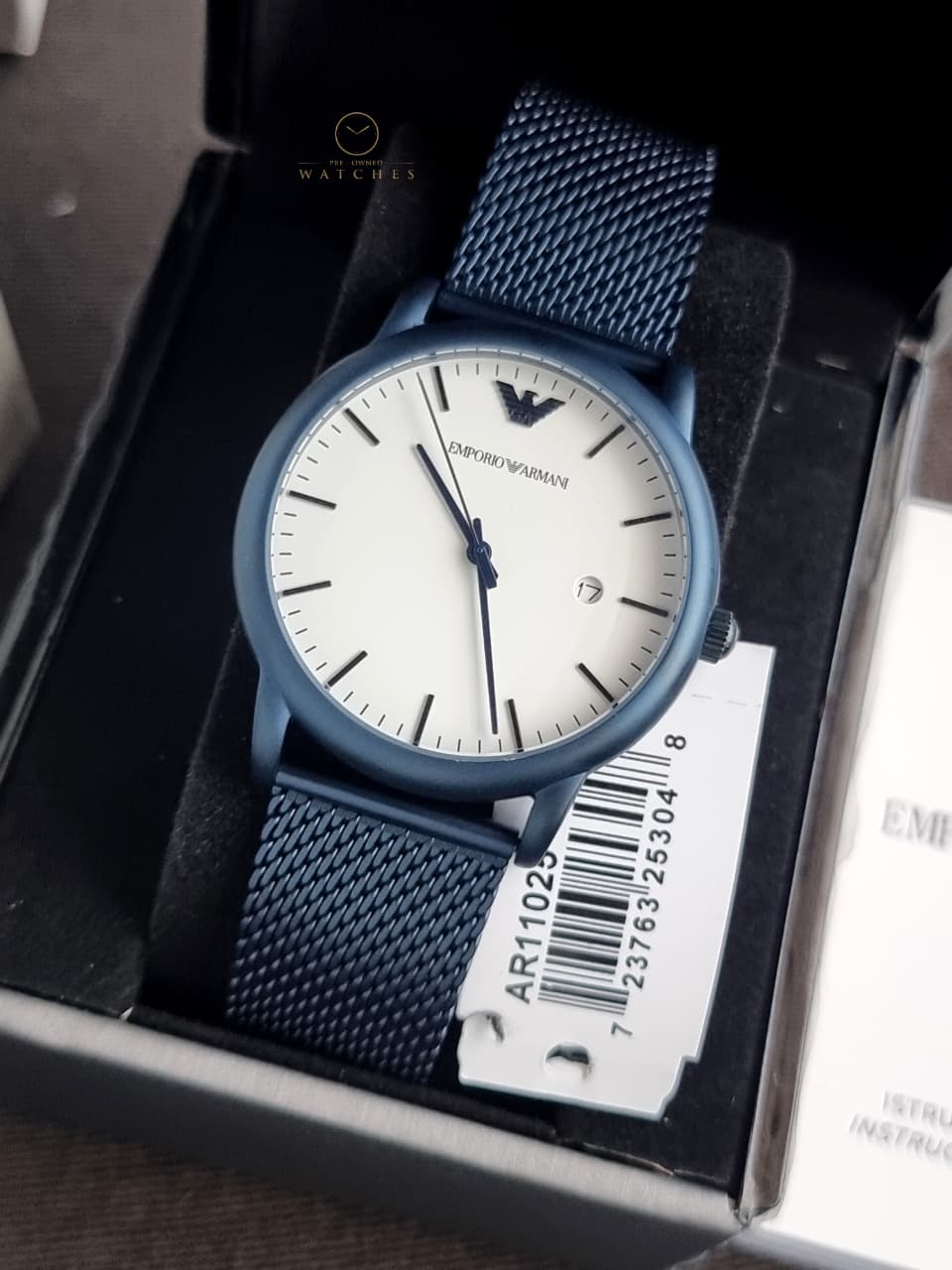 EMPORIO ARMANI Luigi Blue Mesh Bracelet White Dial Quartz Watch for Gents - AR11025