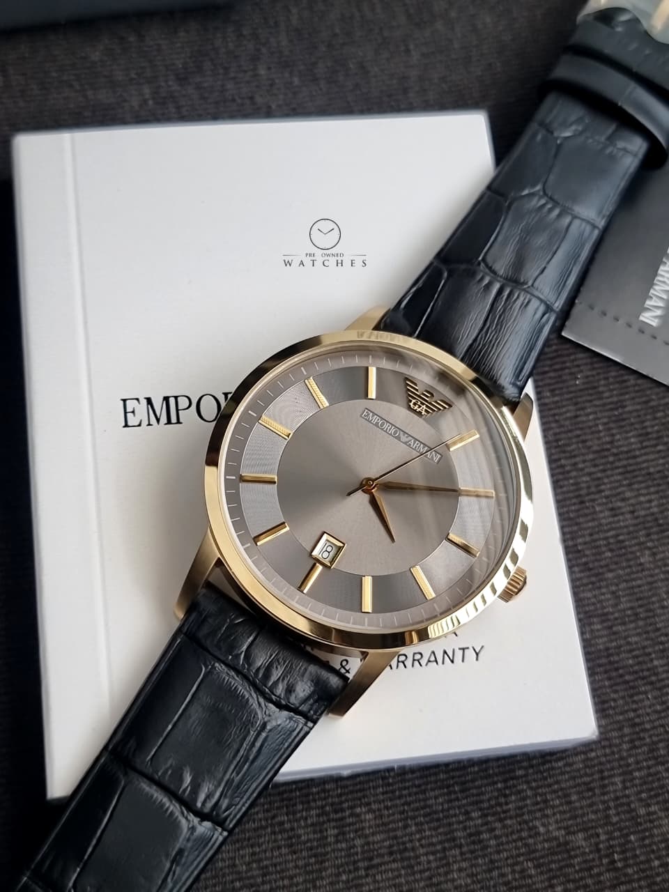 Emporio Armani Renato Grey Dial Black Leather Men's Watch – AR11049