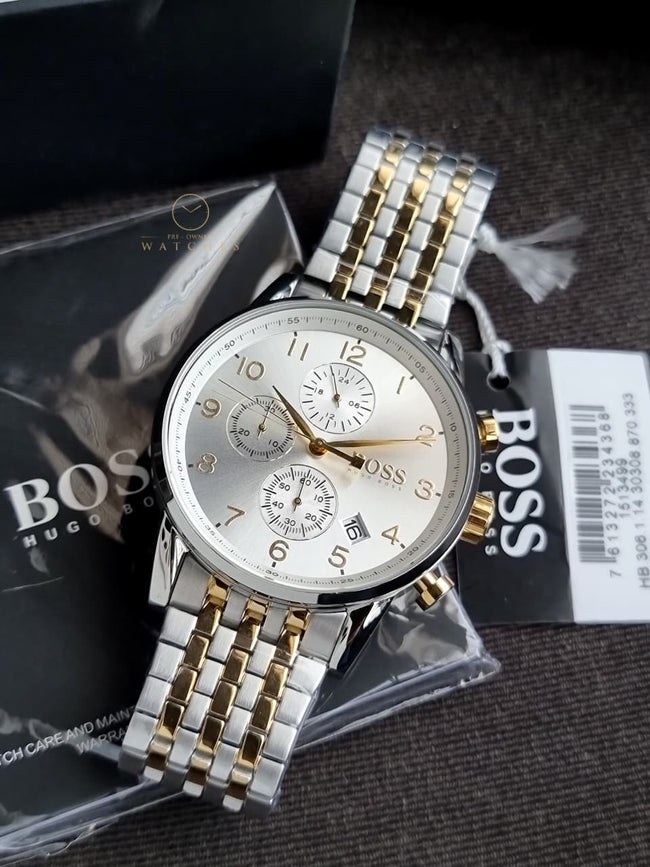 Hugo Boss Men’s Chronograph Quartz Stainless Steel White Dial 44mm Watch 1513499 Hover Image
