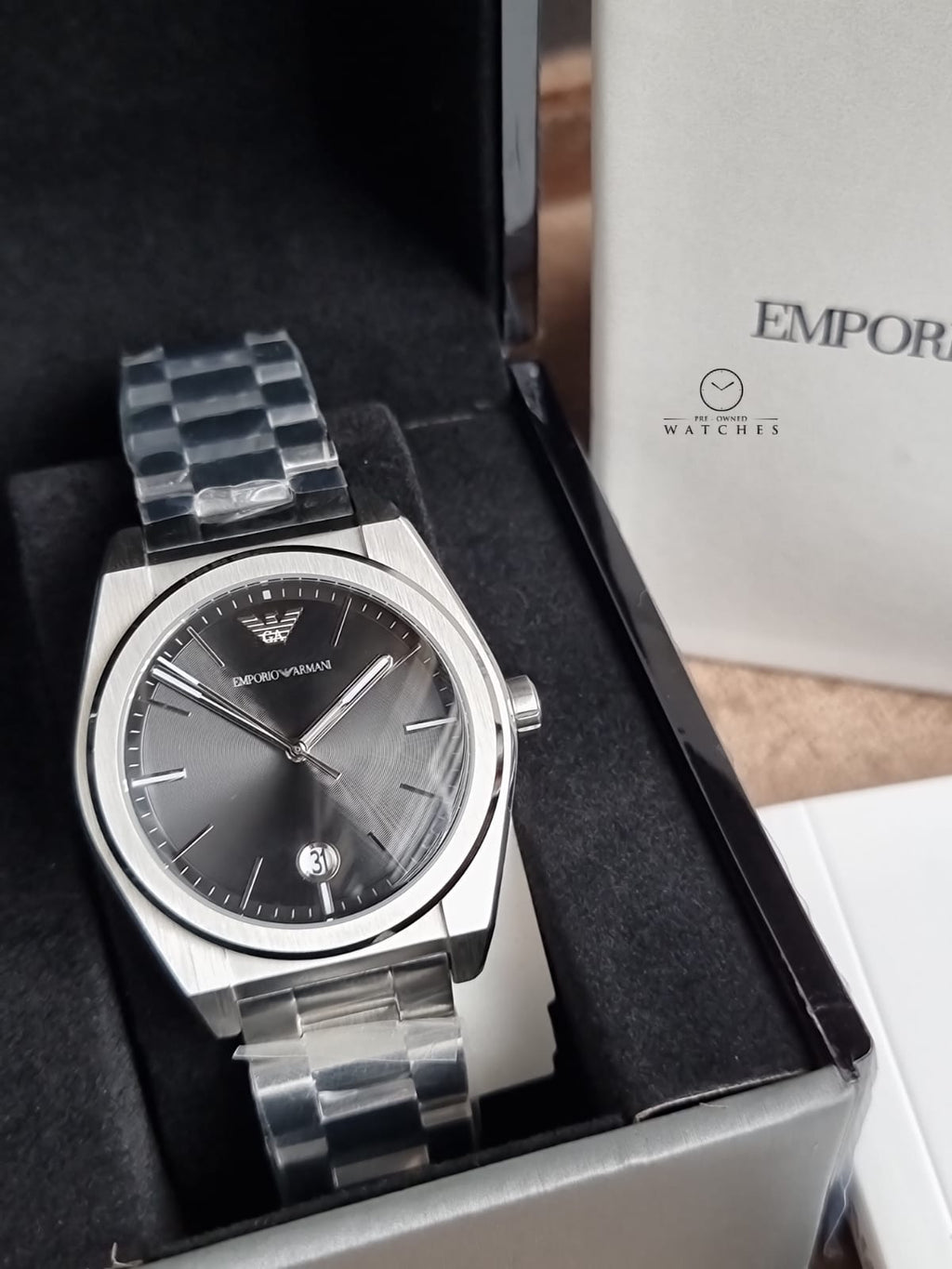Emporio Armani Black Dial Silver Stainless Steel Quartz Men's Watch – AR11622
