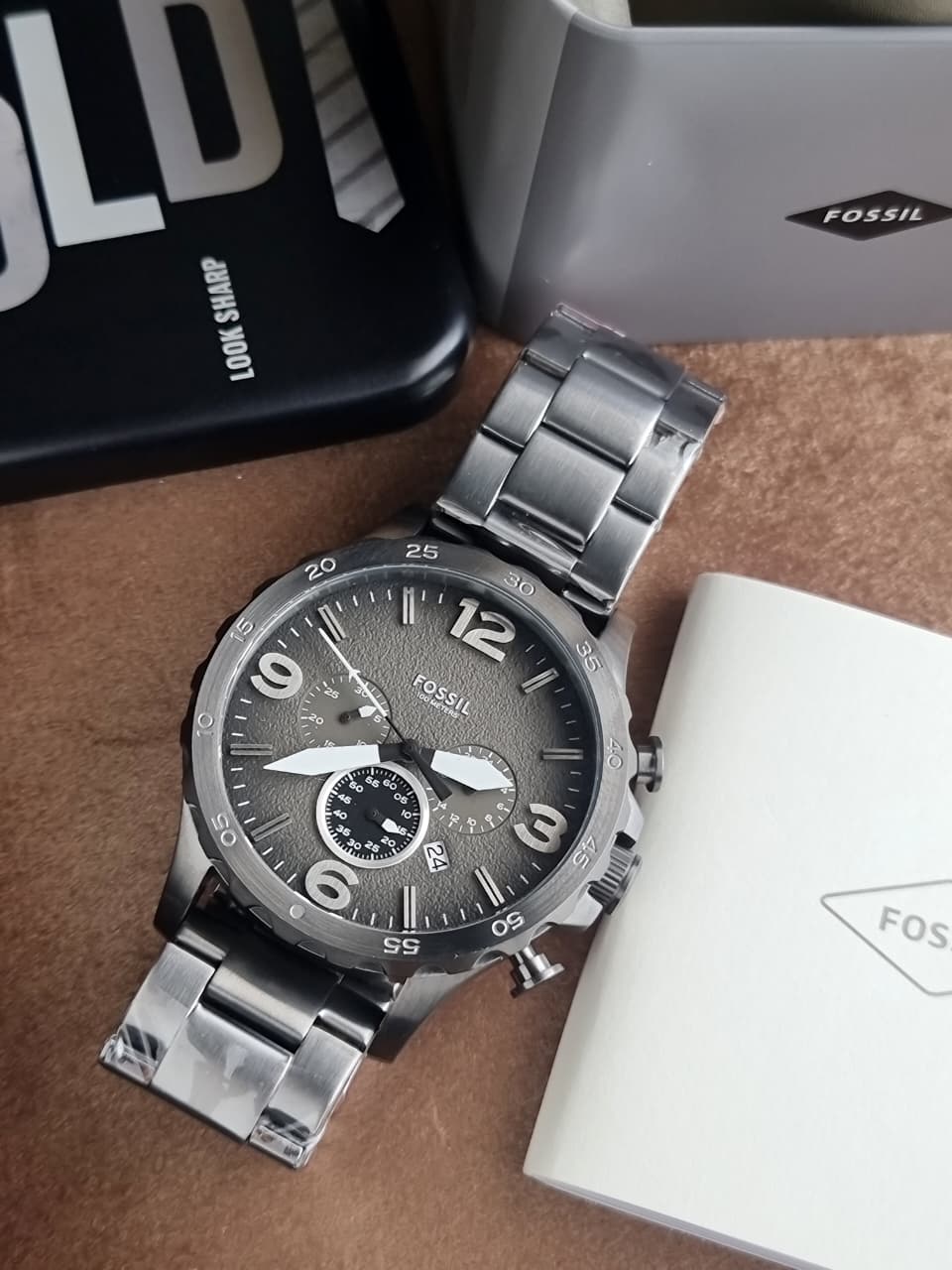 Fossil Nate Smoke Stainless Steel Gunmetal Dial Chronograph Quartz Men's Watch 50mm JR1437