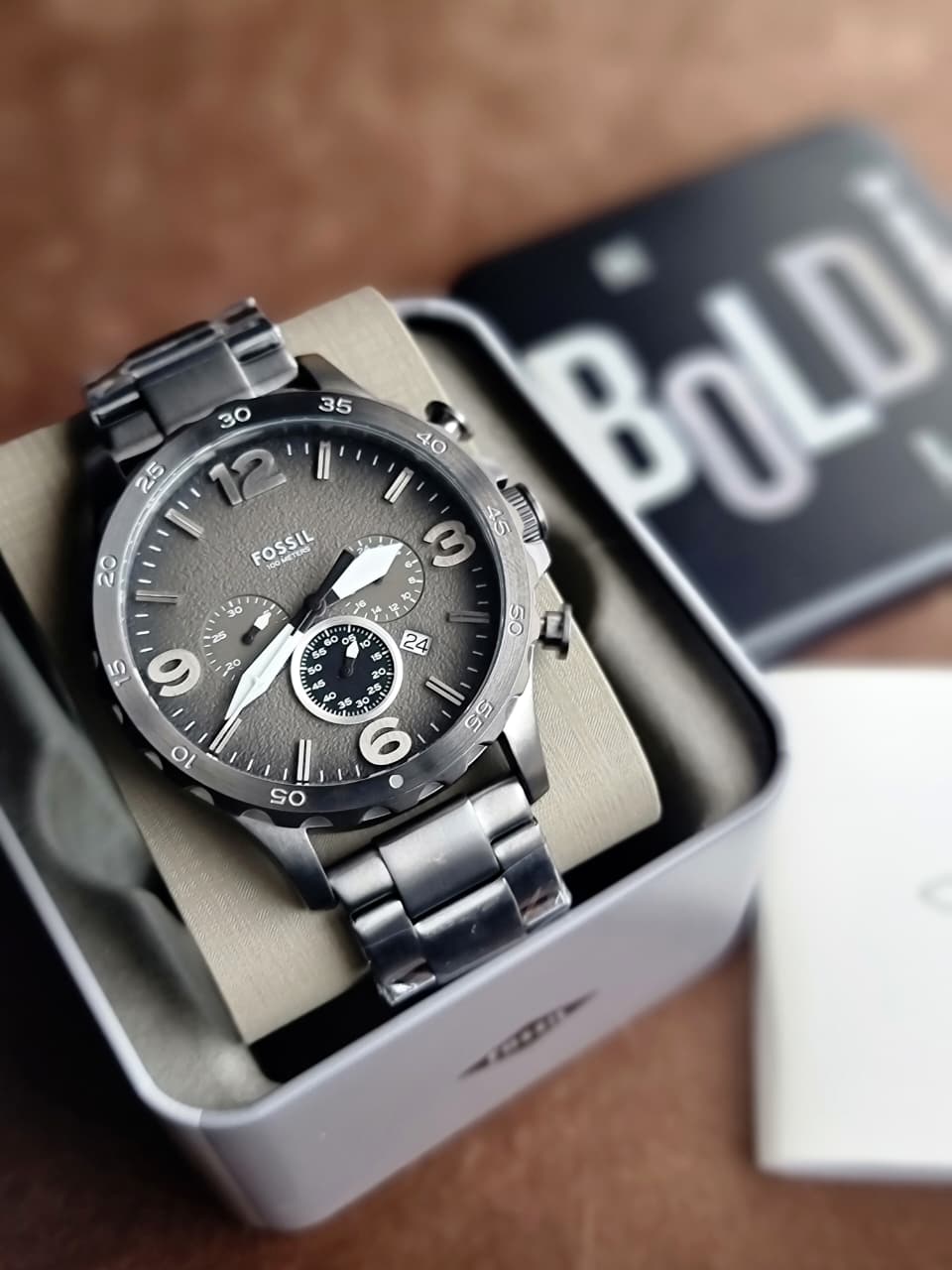 Fossil Nate Smoke Stainless Steel Gunmetal Dial Chronograph Quartz Men's Watch 50mm JR1437