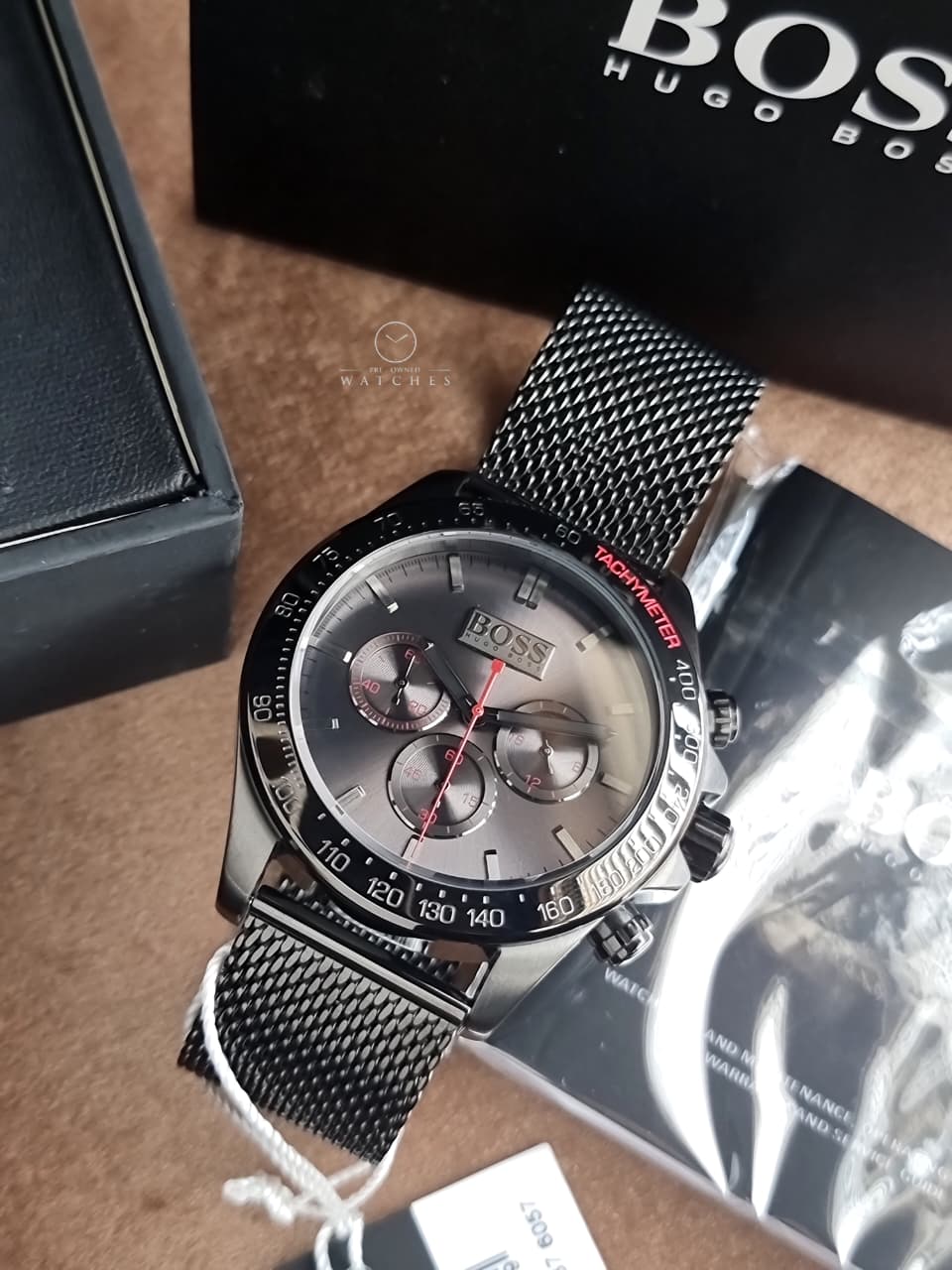 Hugo Boss Ikon Gunmetal Mesh Bracelet Gunmetal Dial Chronograph Quartz Men's Watch 44mm – 1513443