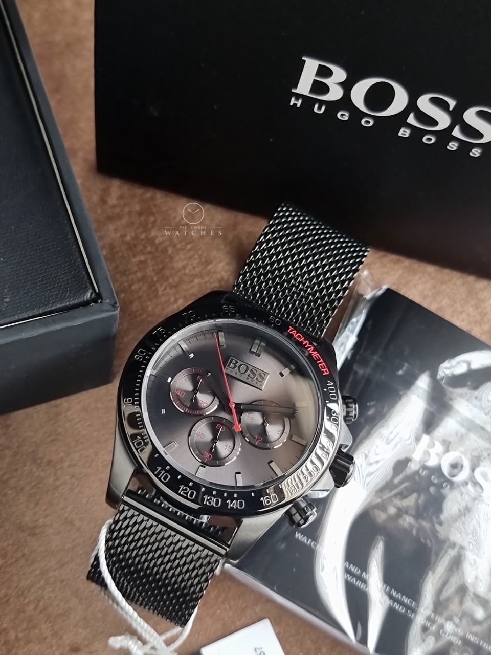 Hugo Boss Ikon Gunmetal Mesh Bracelet Gunmetal Dial Chronograph Quartz Men's Watch 44mm – 1513443
