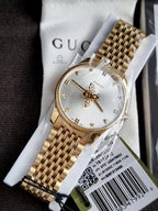 GUCCI G-TIMELESS 36MM GOLD PVD SILVER DIAL SLIM LADIES WATCH YA1264155