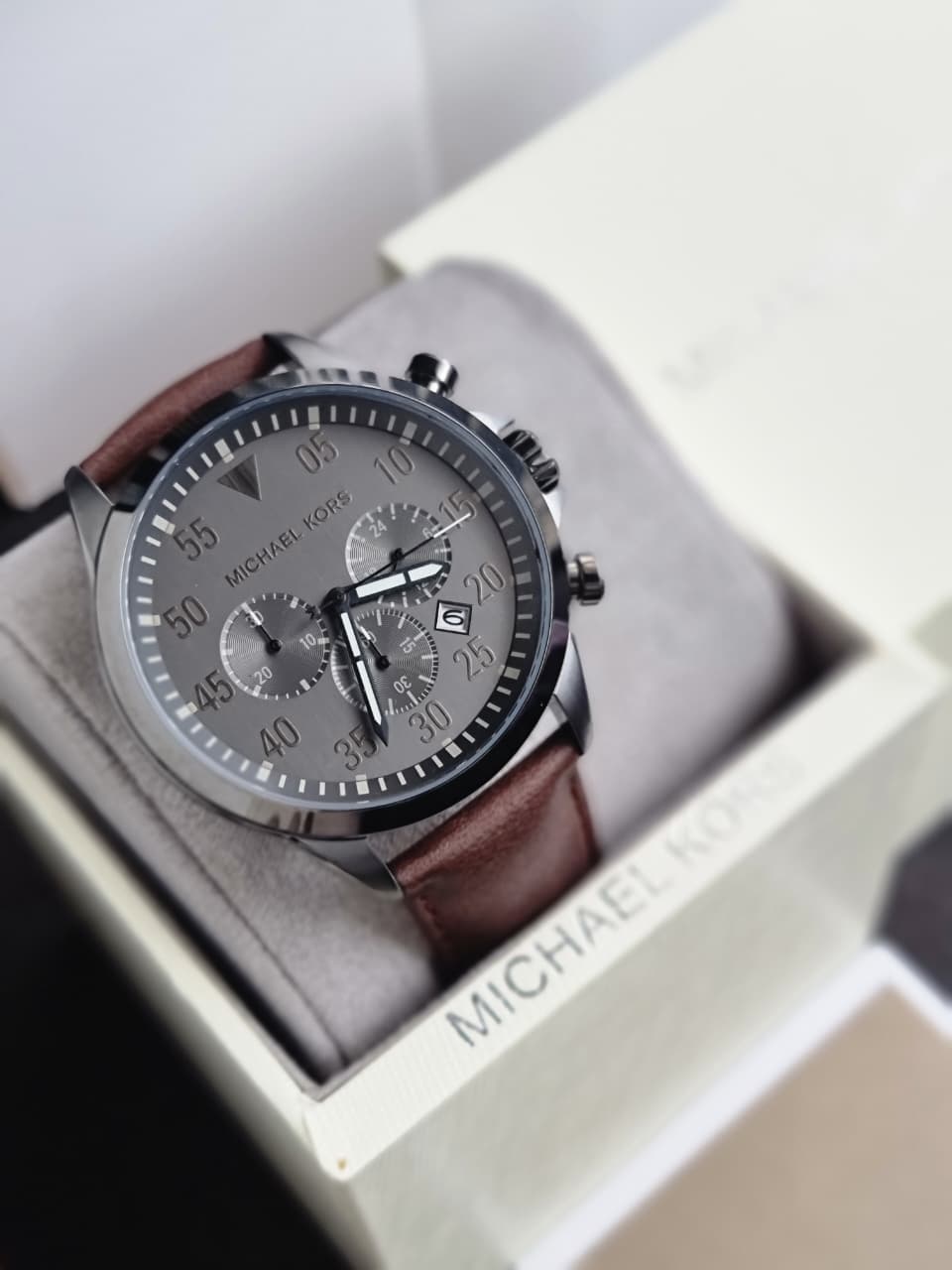 Michael Kors Thompkins Grey Dial Brown Leather Chronograph Quartz Men's Watch 45mm – MK8863