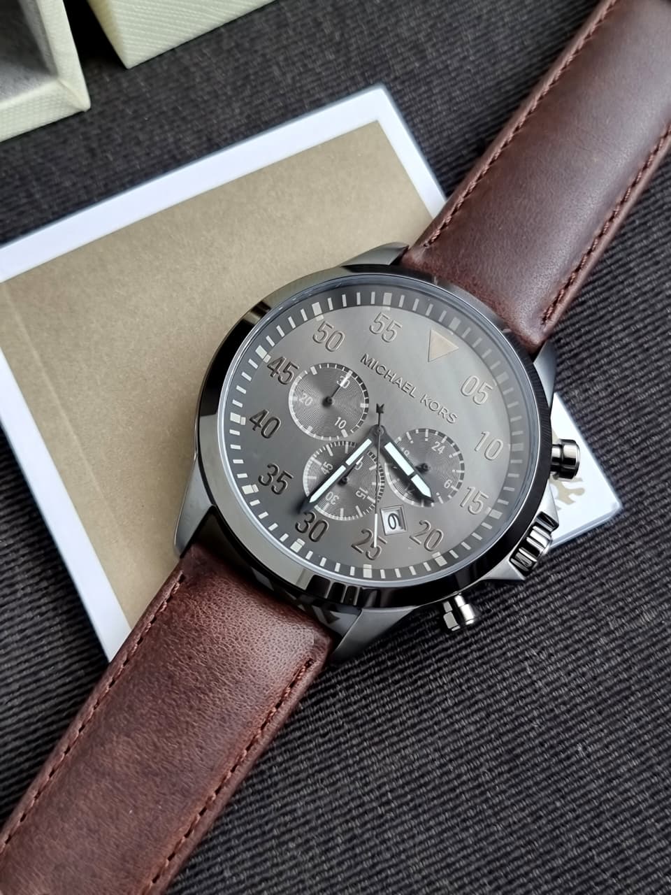 Michael Kors Thompkins Grey Dial Brown Leather Chronograph Quartz Men's Watch 45mm – MK8863