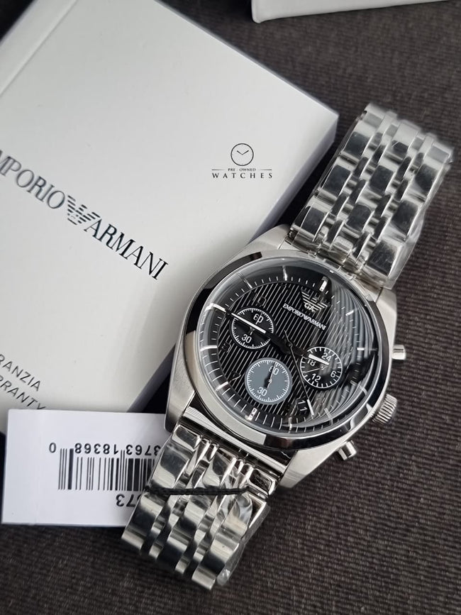 Emporio Armani AR0373 Men's Chronograph Watch – Black Dial, Silver Stainless Steel Bracelet, Date Display, Quartz, 43mm Hover Image