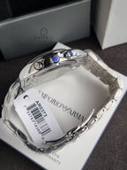 Emporio Armani AR0373 Men's Chronograph Watch – Black Dial, Silver Stainless Steel Bracelet, Date Display, Quartz, 43mm