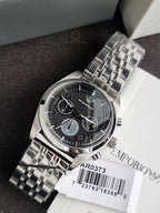Emporio Armani AR0373 Men's Chronograph Watch – Black Dial, Silver Stainless Steel Bracelet, Date Display, Quartz, 43mm