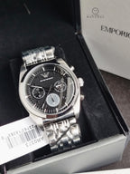 Emporio Armani AR0373 Men's Chronograph Watch – Black Dial, Silver Stainless Steel Bracelet, Date Display, Quartz, 43mm