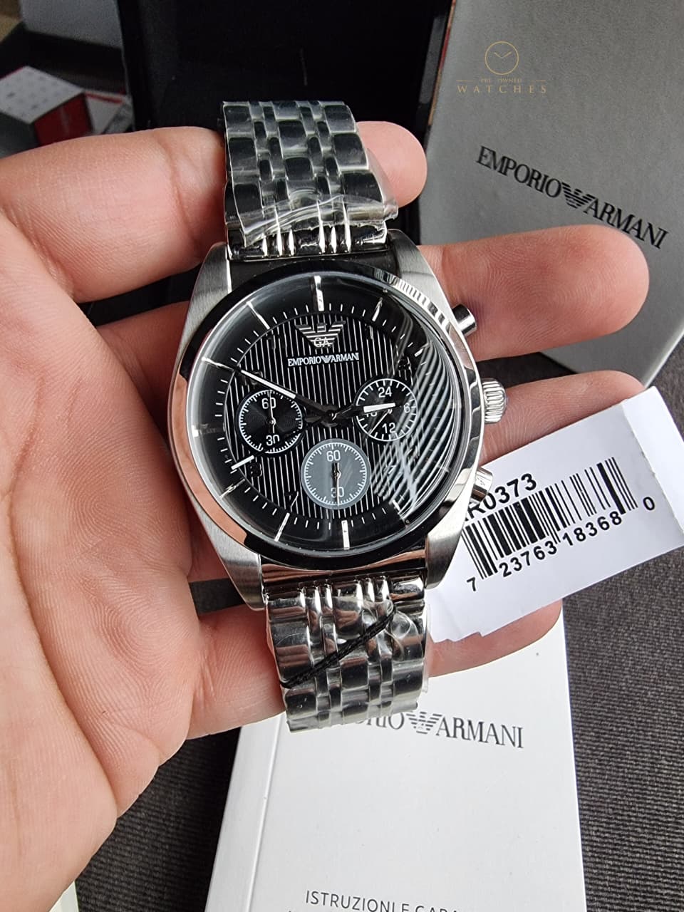 Emporio Armani AR0373 Men's Chronograph Watch – Black Dial, Silver Stainless Steel Bracelet, Date Display, Quartz, 43mm