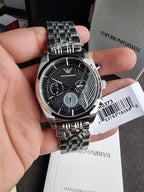 Emporio Armani AR0373 Men's Chronograph Watch – Black Dial, Silver Stainless Steel Bracelet, Date Display, Quartz, 43mm