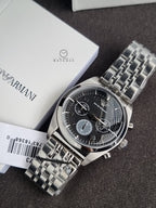 Emporio Armani AR0373 Men's Chronograph Watch – Black Dial, Silver Stainless Steel Bracelet, Date Display, Quartz, 43mm
