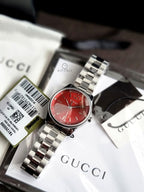 Gucci G-Timeless 29mm Silver Stainless Steel Burgundy Dial Swiss Quartz Ladies Watch – YA1265069