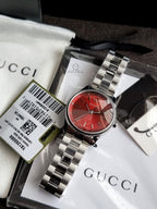 Gucci G-Timeless 29mm Silver Stainless Steel Burgundy Dial Swiss Quartz Ladies Watch – YA1265069