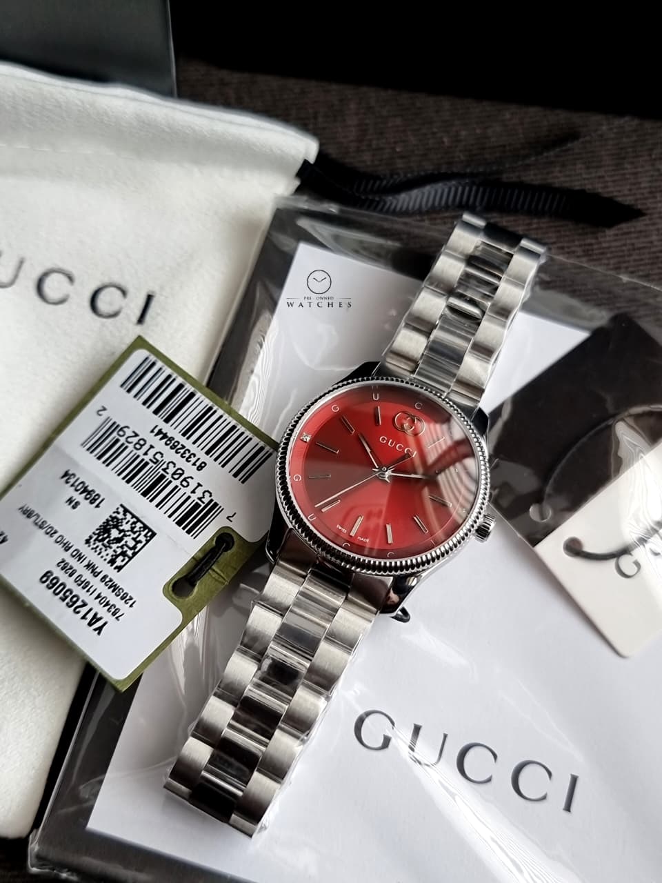 Gucci G-Timeless 29mm Silver Stainless Steel Burgundy Dial Swiss Quartz Ladies Watch – YA1265069