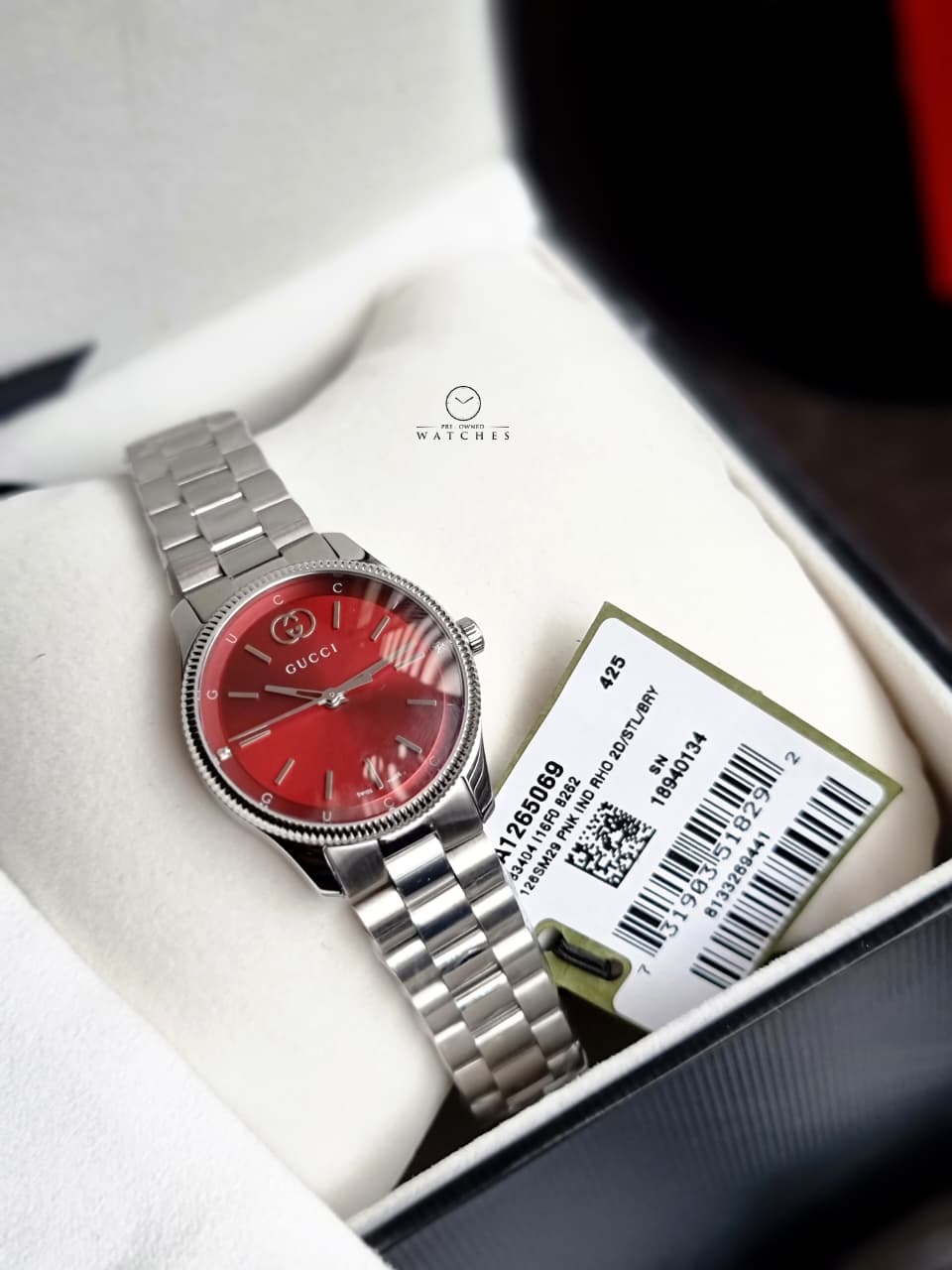 Gucci G-Timeless 29mm Silver Stainless Steel Burgundy Dial Swiss Quartz Ladies Watch – YA1265069
